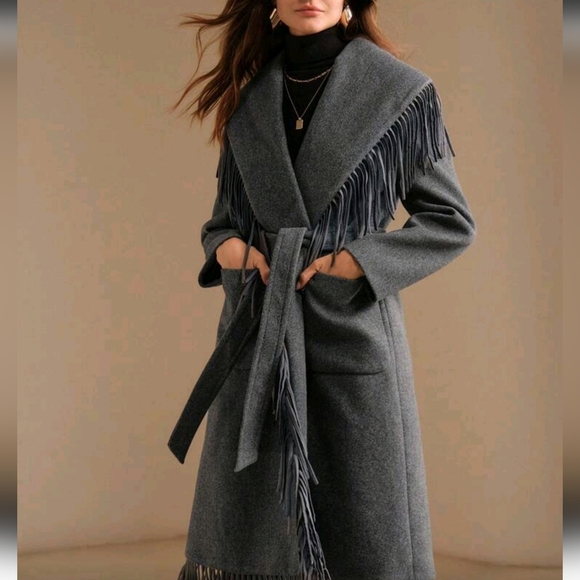 Women's Winter Fringed Decorated Oversized Lapel Melton Jacket, New Year Outfit - Picture 6 of 14